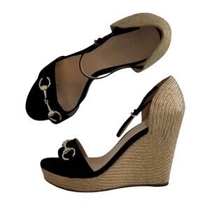 Gucci Horsebit Espadrille Wedges Black Suede Size 41.5 Box Dust Bags